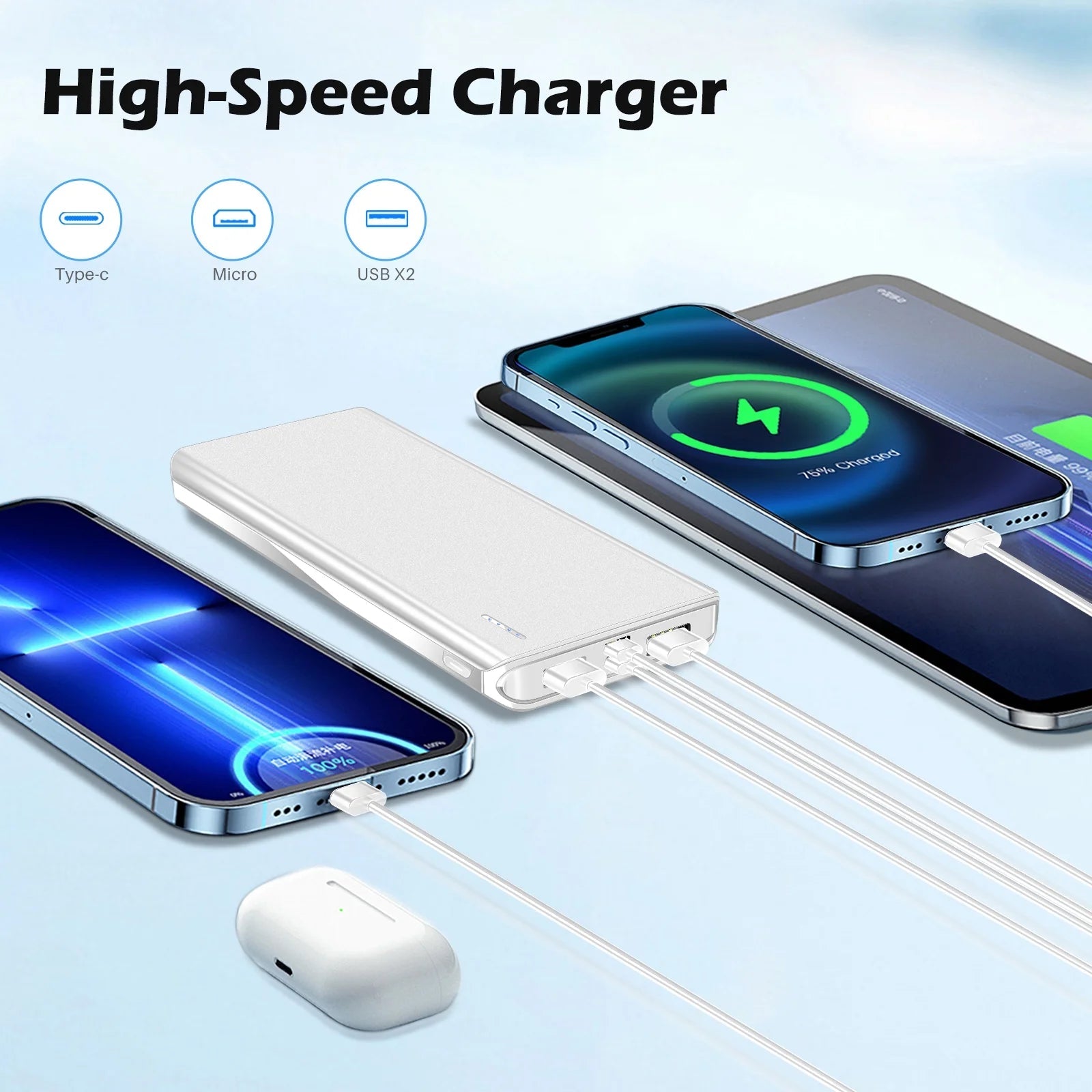 20000 Mah Portable Charger Power Bank Dual USB Battery Pack for Iphone, Ipad, Galaxy, Android, Pixel and Tablet (White) - Top Tech Gadgets