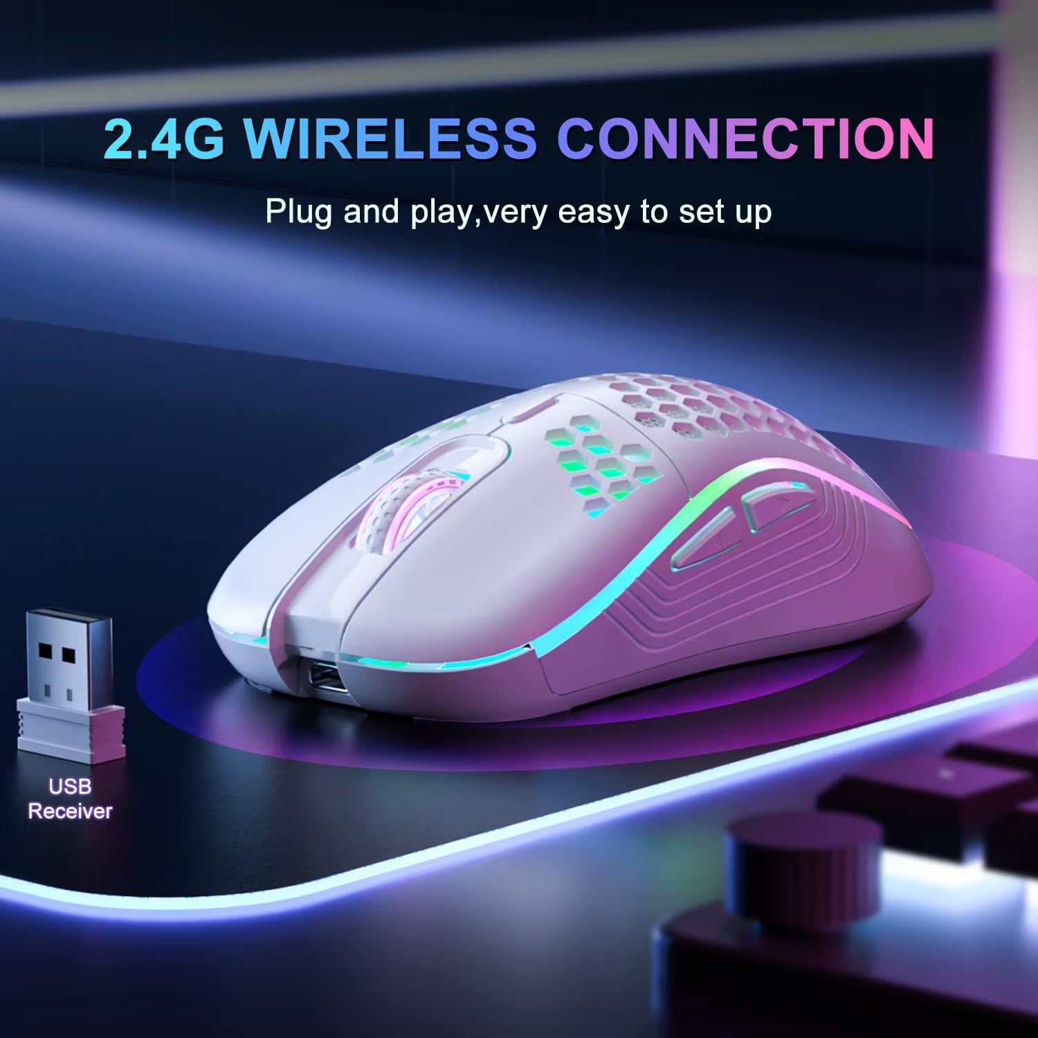 2.4G Wireless Mouse with RGB Backlit 6 - Button 3 - Speed DPI Type C Rechargeable Ergonomic Honeycomb Design Gaming Mouse - Top Tech Gadgets