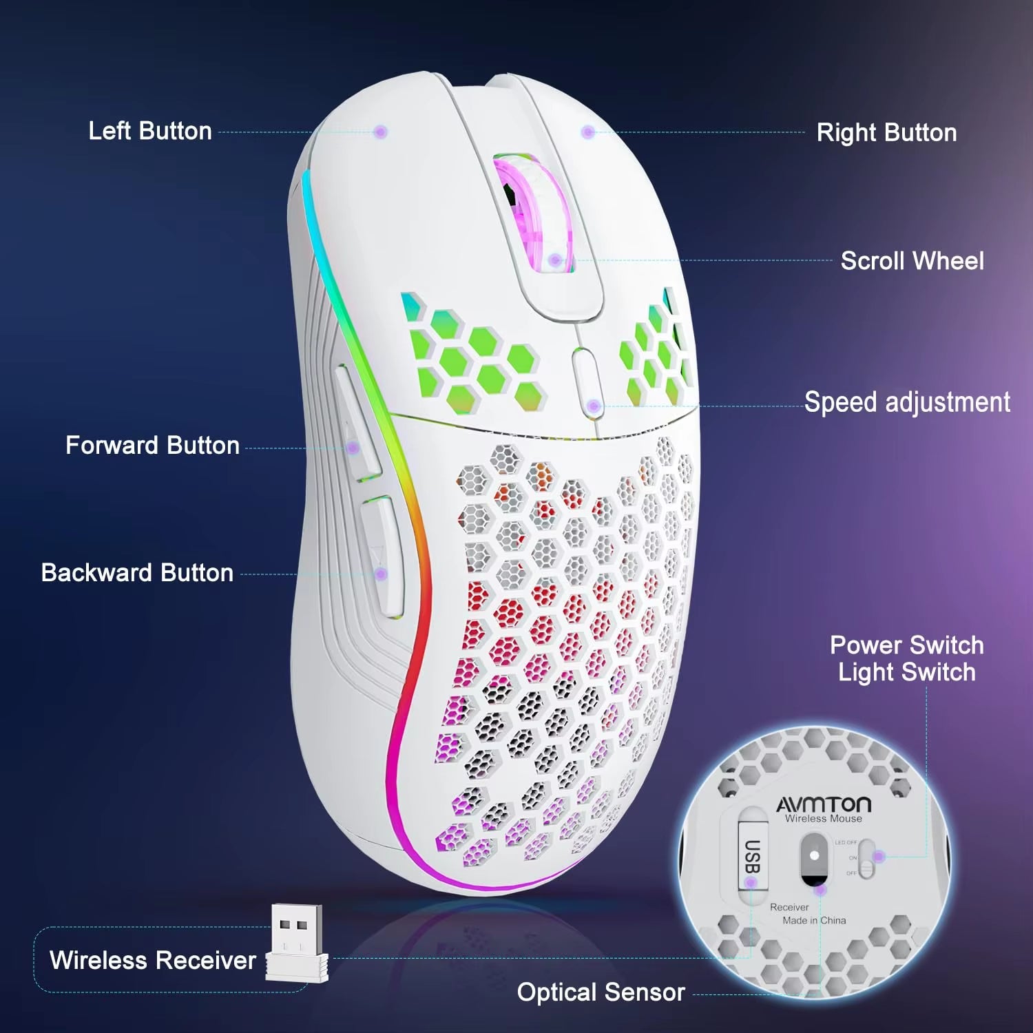 2.4G Wireless Mouse with RGB Backlit 6 - Button 3 - Speed DPI Type C Rechargeable Ergonomic Honeycomb Design Gaming Mouse - Top Tech Gadgets