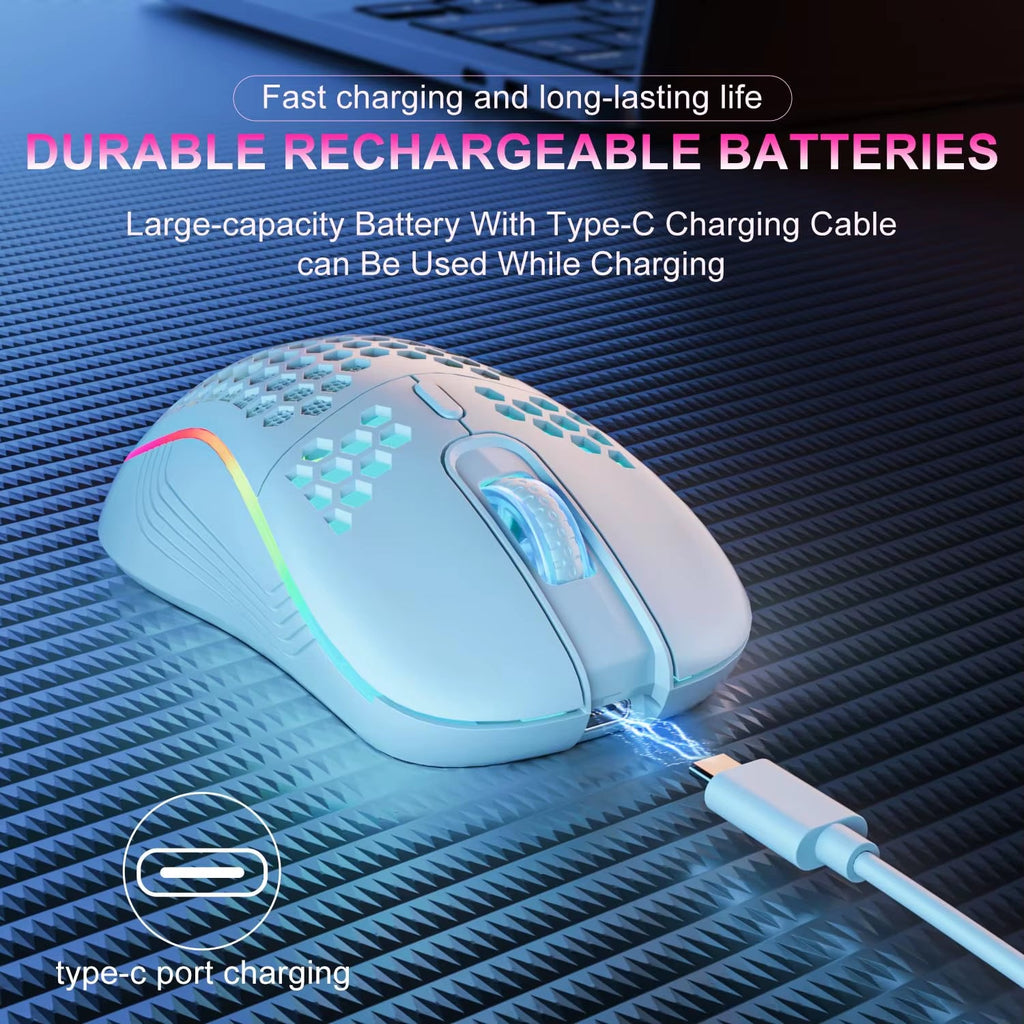 2.4G Wireless Mouse with RGB Backlit 6 - Button 3 - Speed DPI Type C Rechargeable Ergonomic Honeycomb Design Gaming Mouse - Top Tech Gadgets