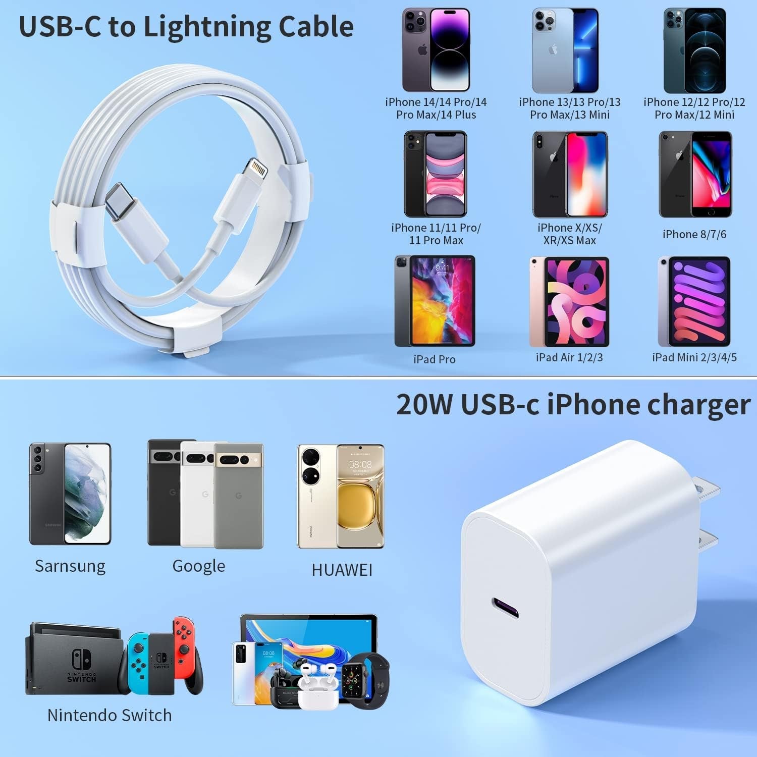 2Pack 20W Type C Charger Block with 6Ft USB C to L Cable, PD Fast Charger Compatible with Iphone, Ipad, Ipod - Top Tech Gadgets