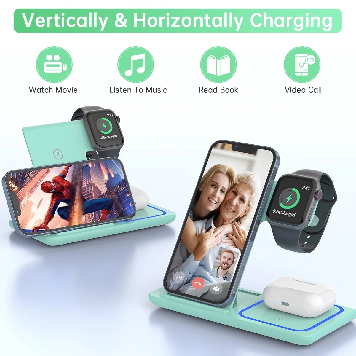 Wireless Charging Station, 2025 Upgraded 18W 3 in 1 Wireless Charger Stand for Iphone 16/15/14/13/12/11 Pro/Xs, Airpods 4/3/2/1/Pro, Iwatch Series 10/9/8/7/6/5/4/3,Samsung Phones(Green)