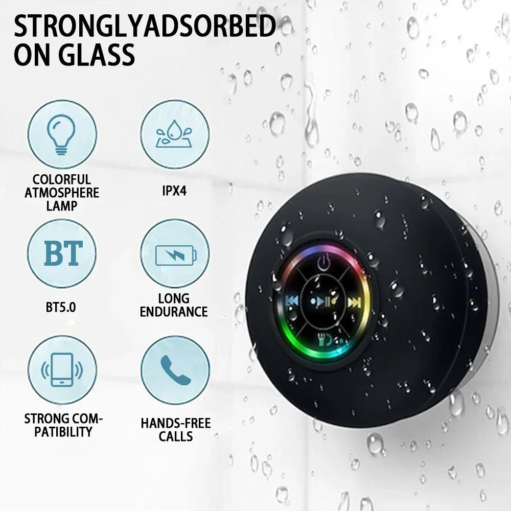 AquaBeat Mini: Waterproof LED Bluetooth Speaker with Powerful Sound & Suction Cup Mount