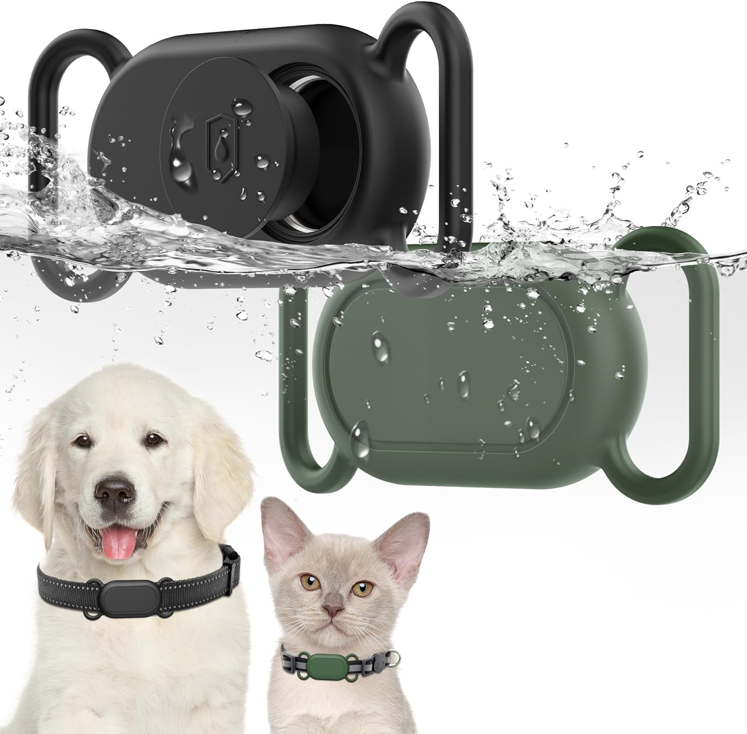 Dog Collar Holder(2 Pack) for Galaxy Smarttag2, Waterproof Silicone Case for Pet Cat, Anti - Lost Scratch Resistant Protective Cover Accessory for Samsung Galaxy Smart Tag2 (Black/Olive Green) - Top Tech Gadgets
