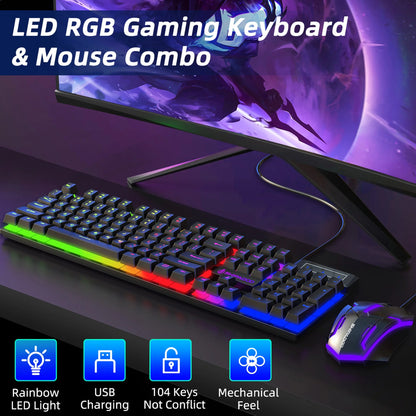 Gaming Keyboard & Mouse, 104 Keys LED RGB Backlit Quiet Computer Keyboard, Multimedia Keys, 26 Anti-Ghosting Keys, Waterproof Light up USB Wired Keyboard for PC Gamers Desktop Computer Laptop,Black