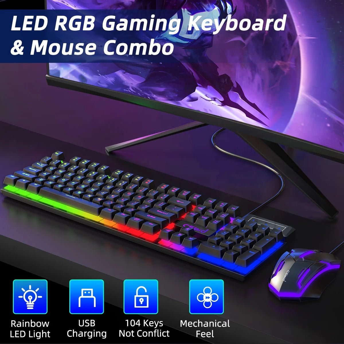 Gaming Keyboard & Mouse, 104 Keys LED RGB Backlit Quiet Computer Keyboard, Multimedia Keys, 26 Anti - Ghosting Keys, Waterproof Light up USB Wired Keyboard for PC Gamers Desktop Computer Laptop,Black - Top Tech Gadgets