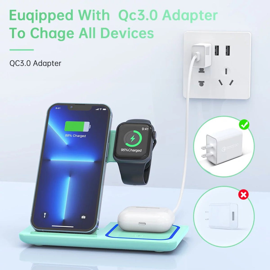 Wireless Charging Station, 2025 Upgraded 18W 3 in 1 Wireless Charger Stand for Iphone 16/15/14/13/12/11 Pro/Xs, Airpods 4/3/2/1/Pro, Iwatch Series 10/9/8/7/6/5/4/3,Samsung Phones(Green) - Top Tech Gadgets