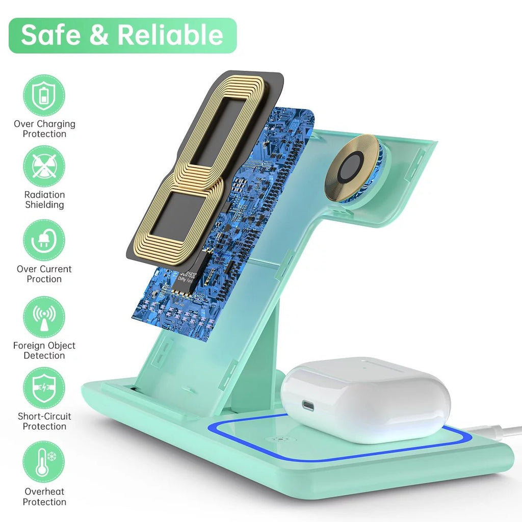 Wireless Charging Station, 2025 Upgraded 18W 3 in 1 Wireless Charger Stand for Iphone 16/15/14/13/12/11 Pro/Xs, Airpods 4/3/2/1/Pro, Iwatch Series 10/9/8/7/6/5/4/3,Samsung Phones(Green) - Top Tech Gadgets