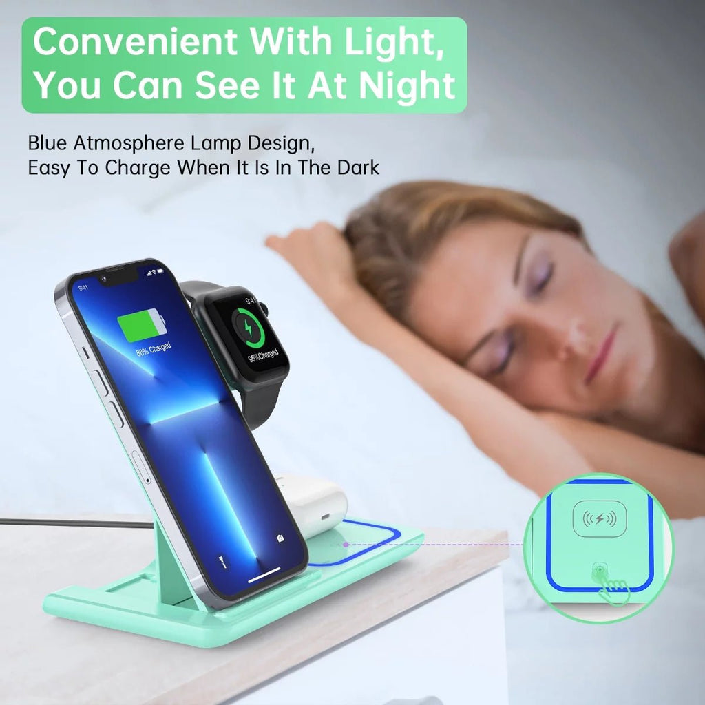 Wireless Charging Station, 2025 Upgraded 18W 3 in 1 Wireless Charger Stand for Iphone 16/15/14/13/12/11 Pro/Xs, Airpods 4/3/2/1/Pro, Iwatch Series 10/9/8/7/6/5/4/3,Samsung Phones(Green) - Top Tech Gadgets