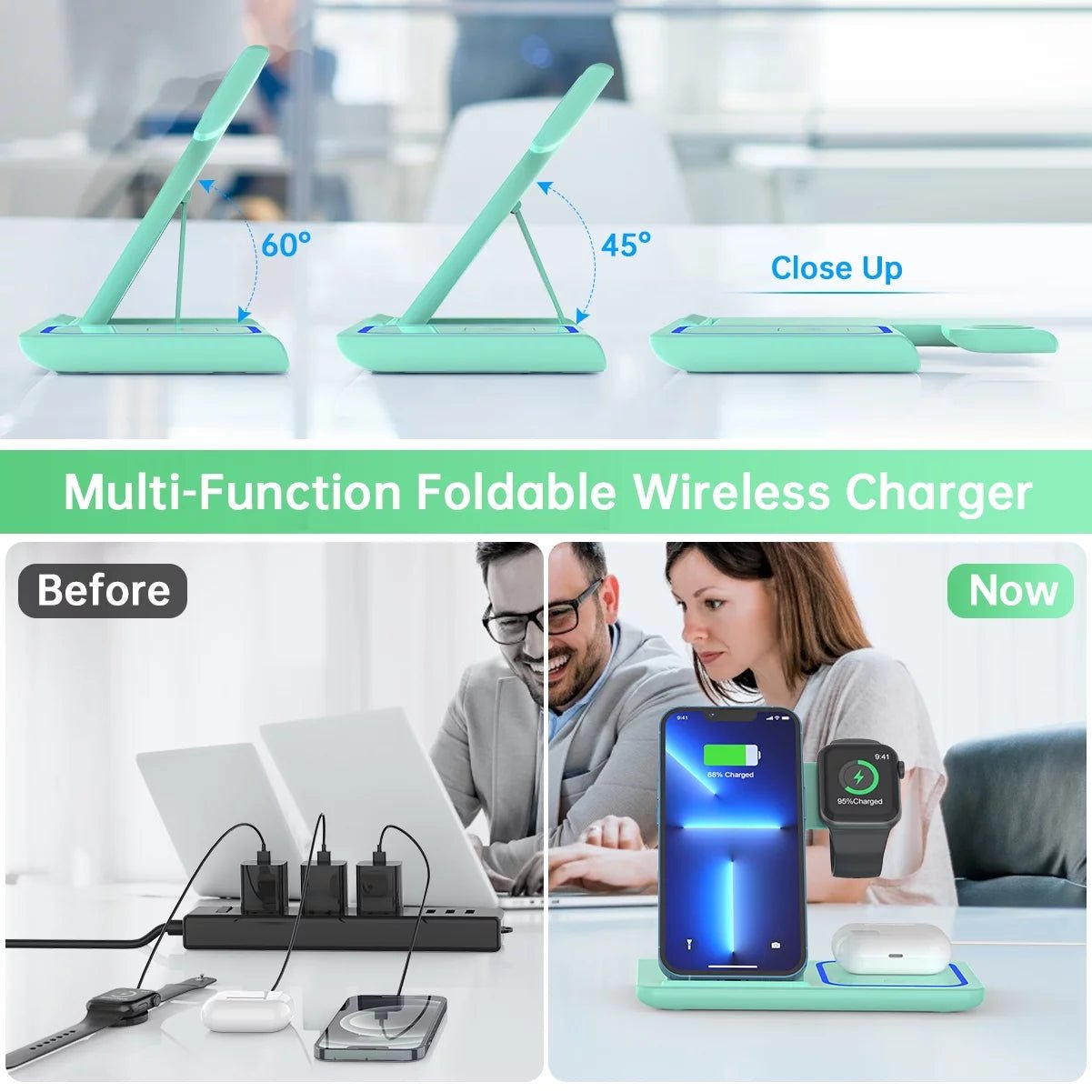 Wireless Charging Station, 2025 Upgraded 18W 3 in 1 Wireless Charger Stand for Iphone 16/15/14/13/12/11 Pro/Xs, Airpods 4/3/2/1/Pro, Iwatch Series 10/9/8/7/6/5/4/3,Samsung Phones(Green) - Top Tech Gadgets